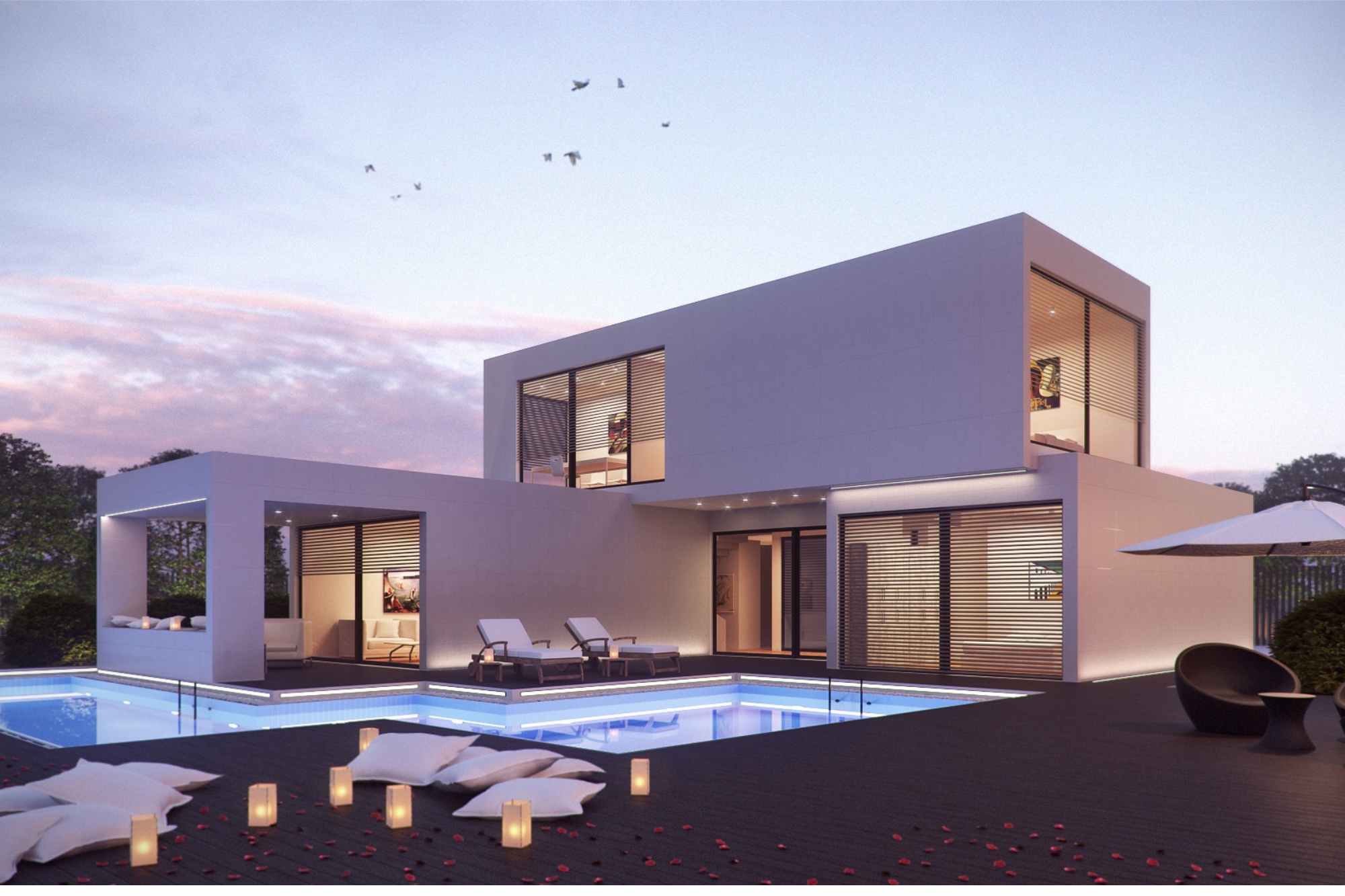 Vorbaurollladen an einer modernen Hausfassade als nachgerüsteter Sonnenschutz und Einbruchsschutz