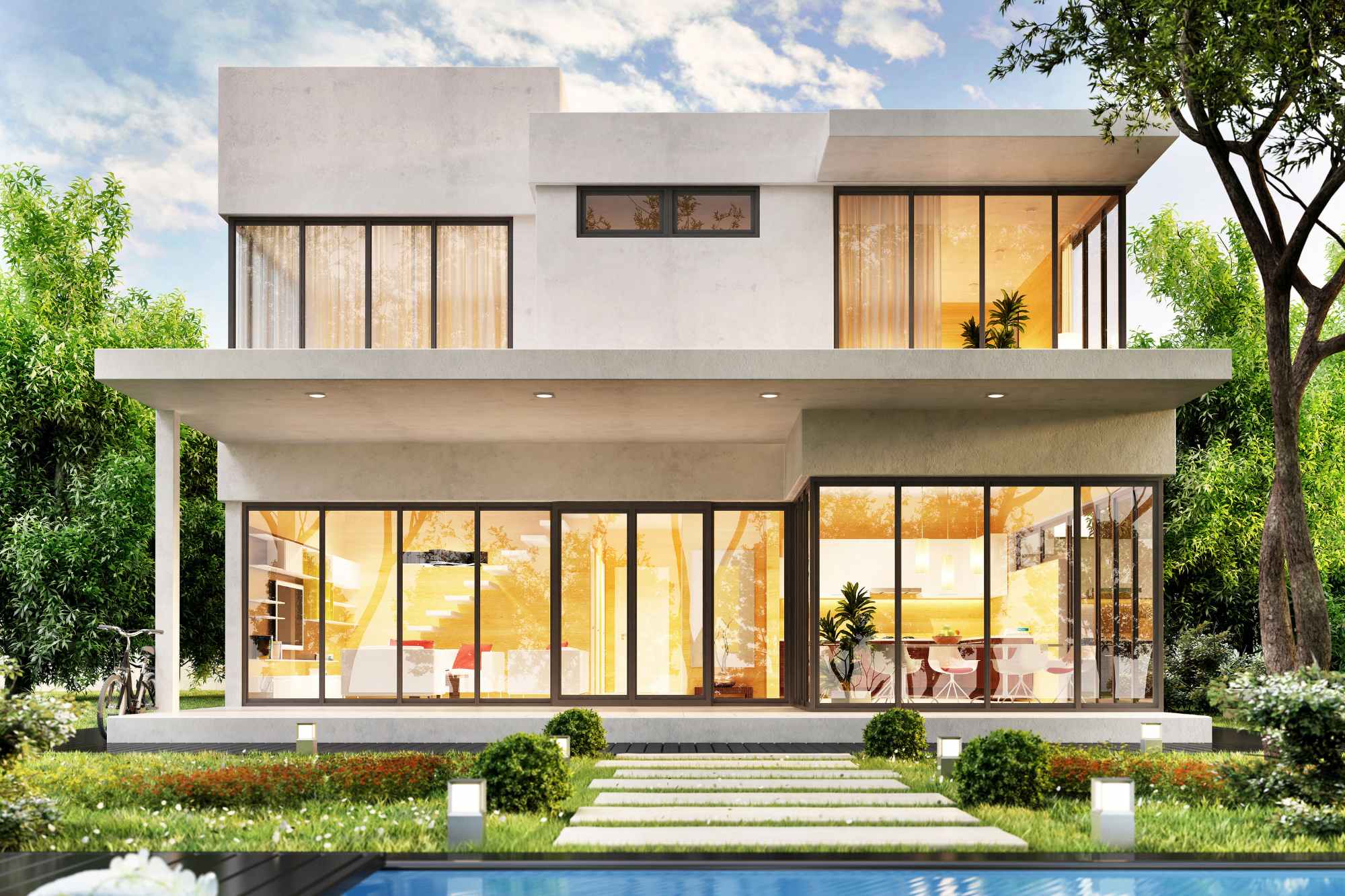 Moderne Aluminium-Rollläden an einem Einfamilienhaus als Hitzeschutz und Sichtschutz